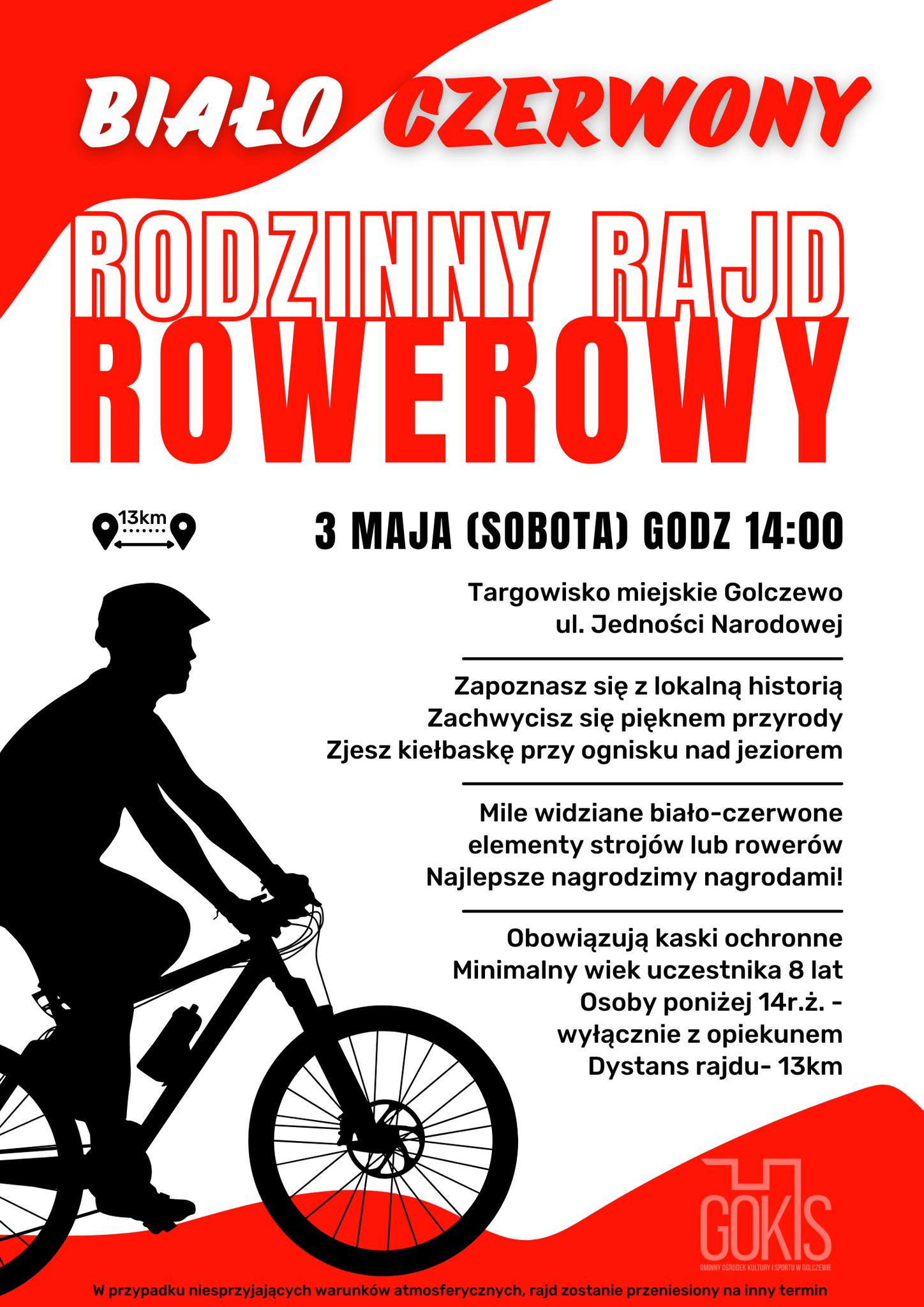 plakat dot. biało-czerwonego rajdu rodzinnego w dniu 3 maja o godzinie 14:00 w Golczewie