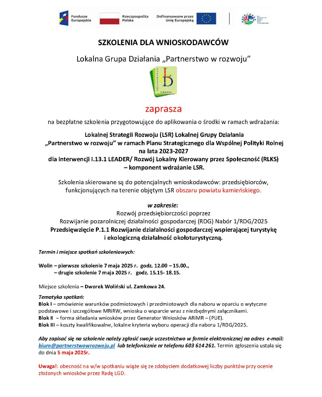 Szczegóły dot. szkolenia w LGD Wolin