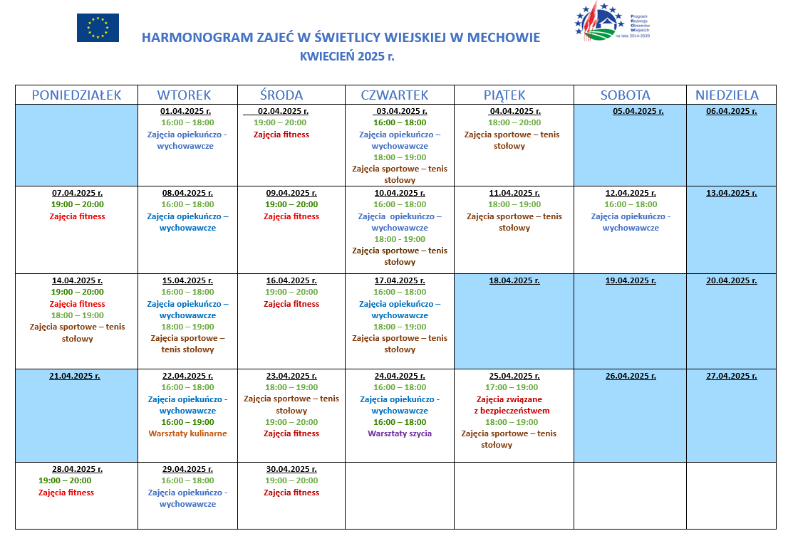 Harmonogram zajęć na świetlicy wiejskiej w Mechowie