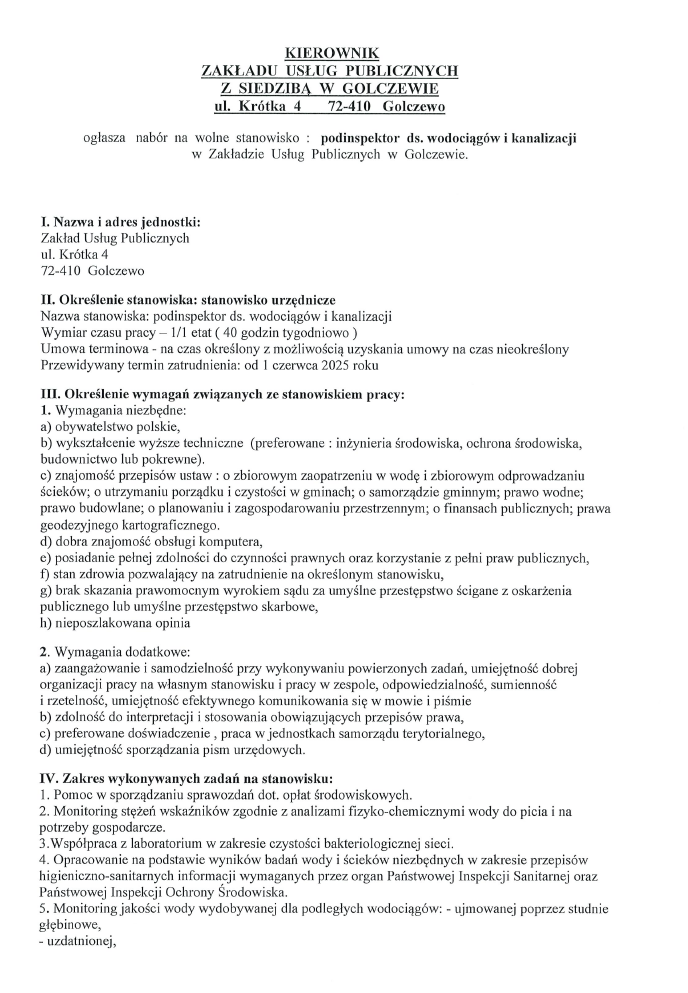 ogłoszenie o naborze na wolne stanowisko