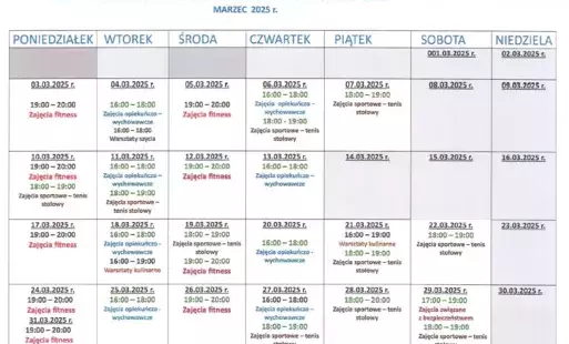 Zdjęcie do Harmonogram zajęć w Świetlicy Wiejskiej w Mechowie na marzec 