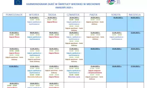 harmonogram zajęć w świetlicy wiejskiej w Mechowie