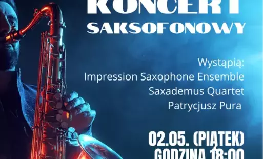 Wykadrowany fragment plakatu dot. koncertu saksofonowego w gminnym ośrodku kultury i sportu w golczewie o godzinie 18:00 w piątek 02.05.